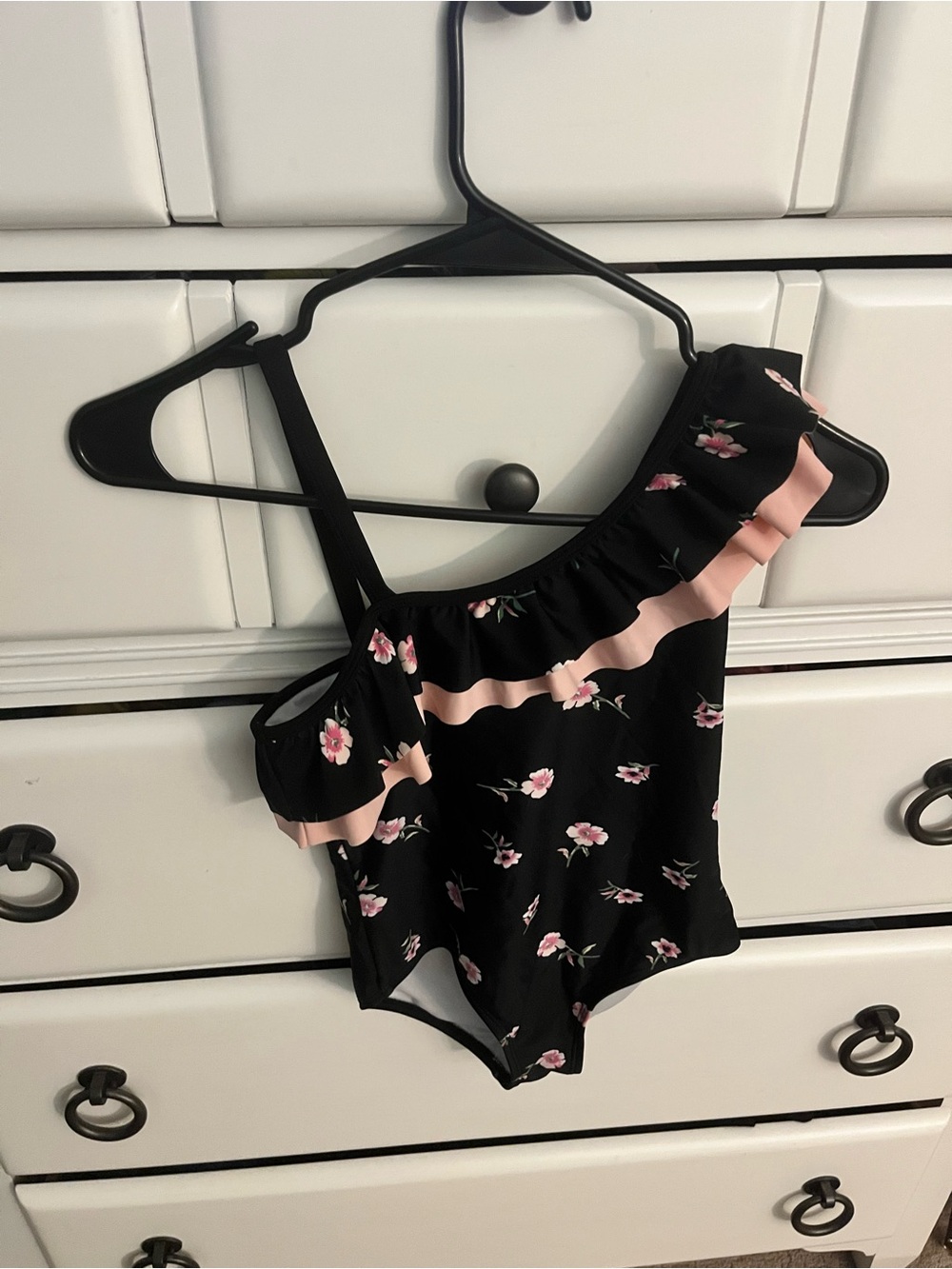 Black One-Shoulder Floral Ruffle Swimsuit with Pink Trim